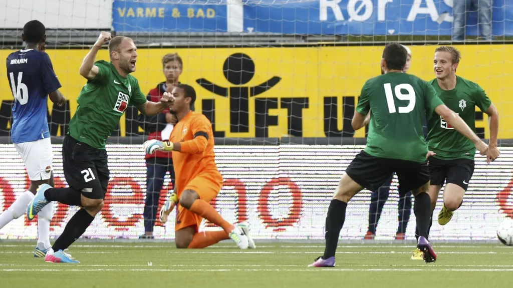 Jablonečtí slaví gól do sítě Strömsgodsetu