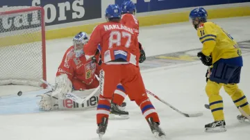 Brankář Štěpánek inkasuje v zápase se Švédskem