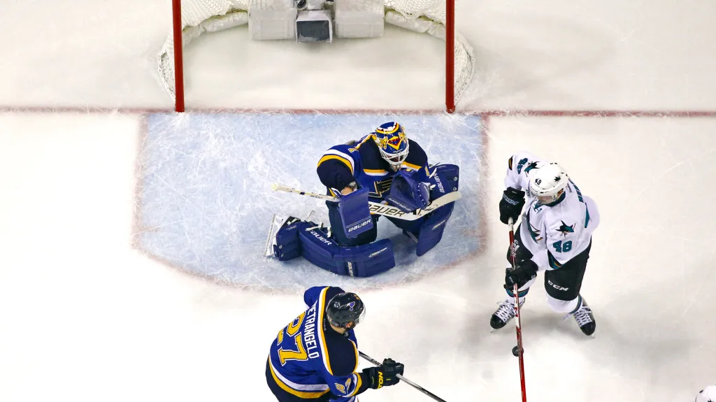 Tomáš Hertl (v bílém) tečuje puk do sítě St. Louis