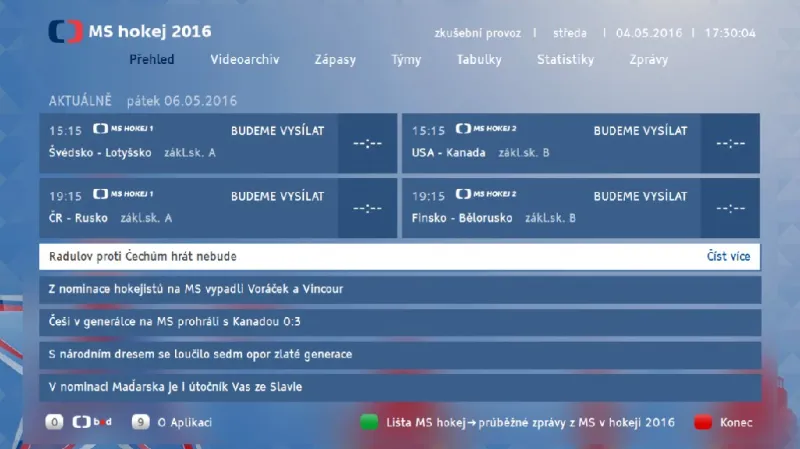 HbbTV aplikace MS hokej 2016