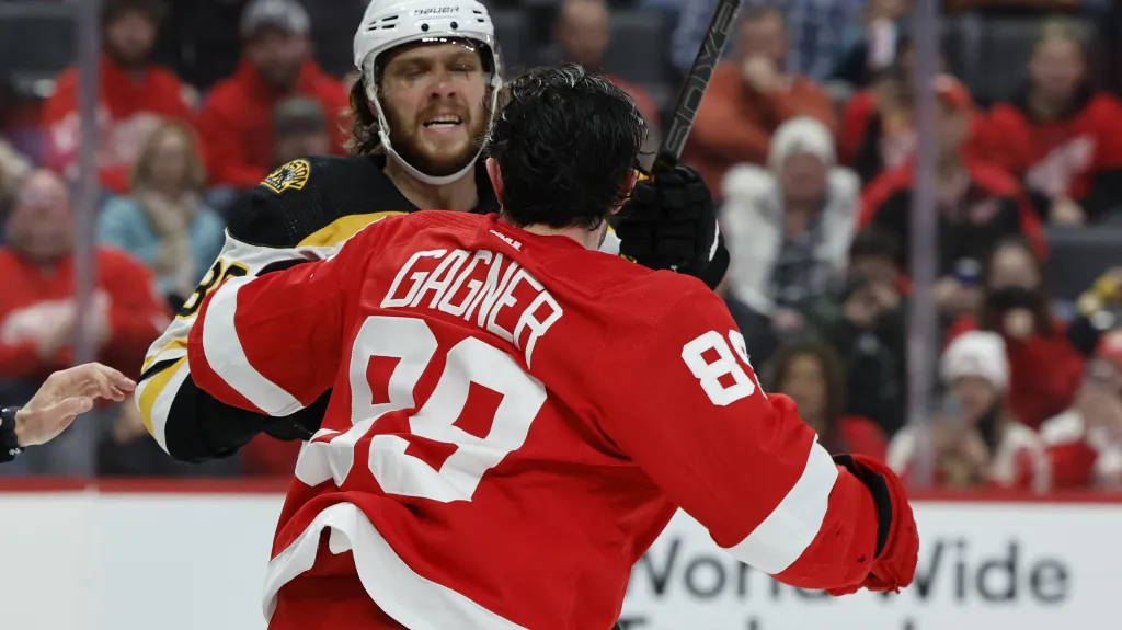 David Pastrňák z Bostonu v souboji se Samem Gagnerem z Detroitu