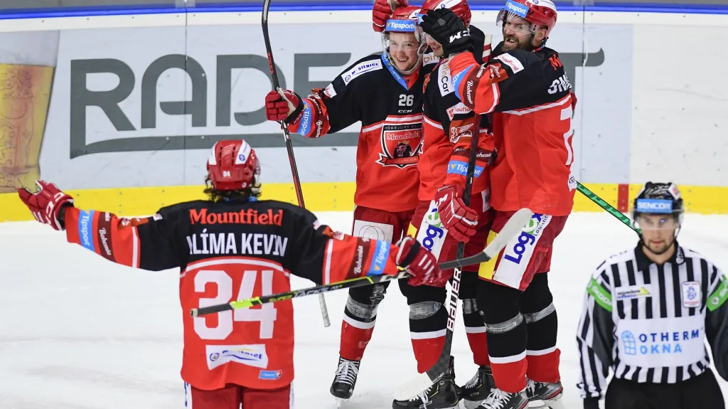 Hokejisté Hradce Králové se radují z gólu