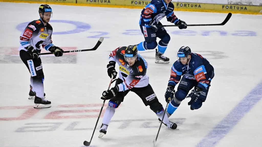 David Němeček si kryje puk v utkání s Libercem