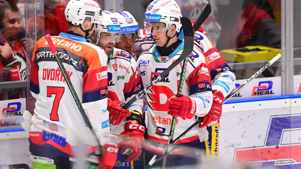 Pardubičtí hokejisté slaví gól