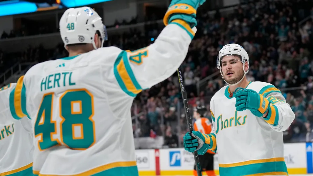 Tomáš Hertl se spoluhráčem Timo Meierem