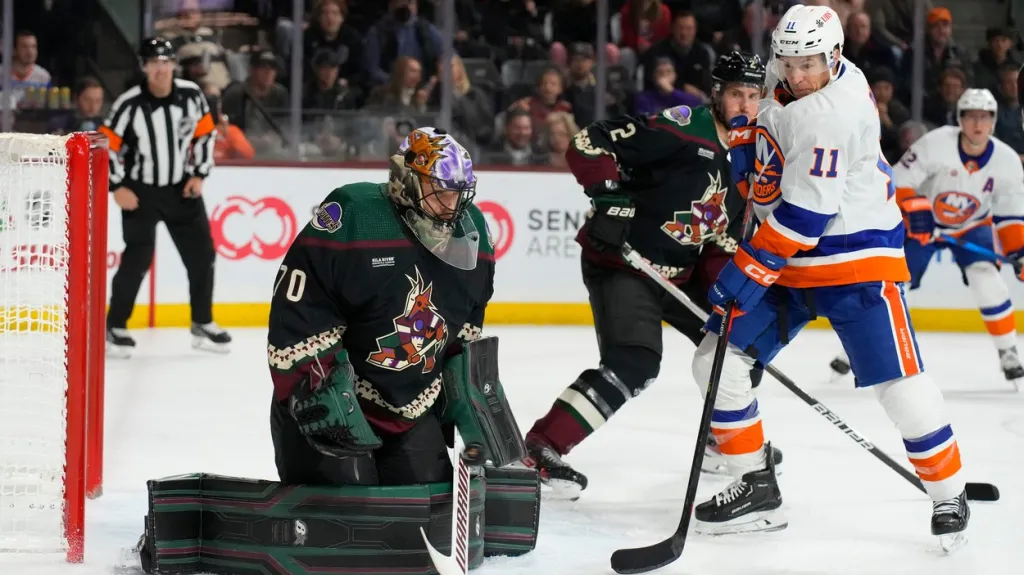 Karel Vejmelka v zápase s Islanders