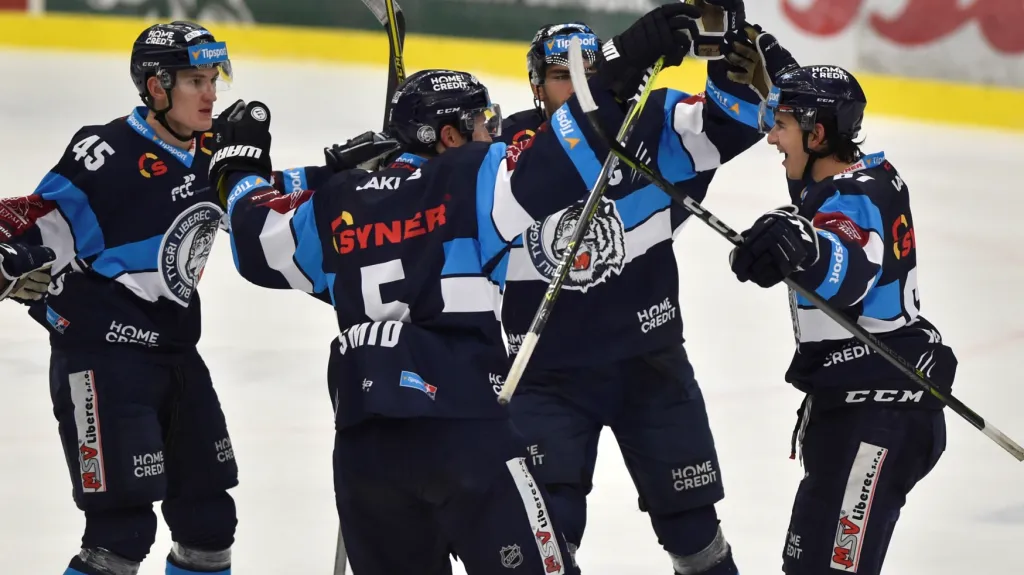 Hokejisté Liberce slaví gól