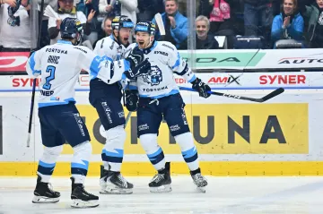 Hokejisté Liberce slaví gól Adama Musila