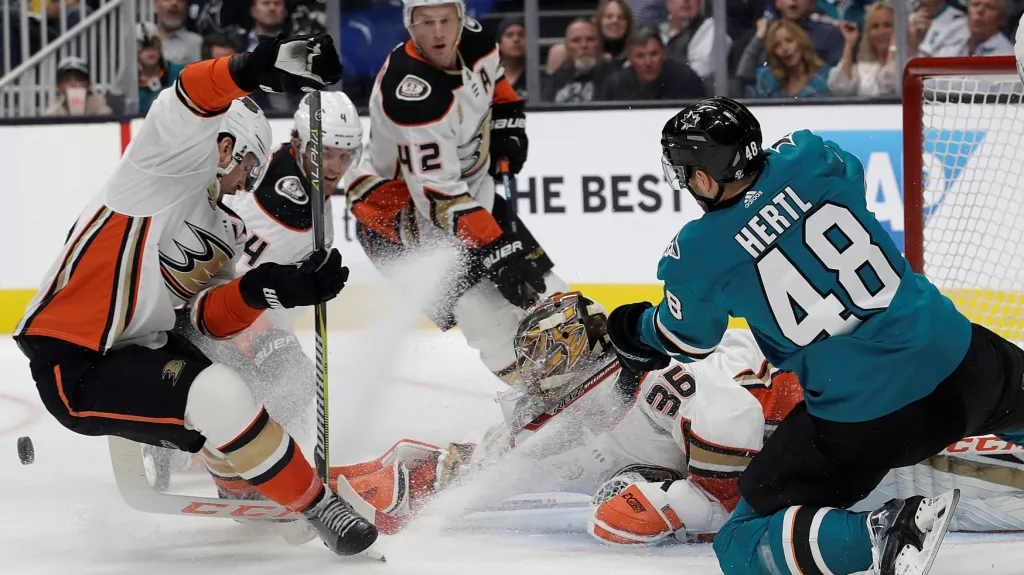 Tomáš Hertl ze San Jose v utkání s Anaheimem