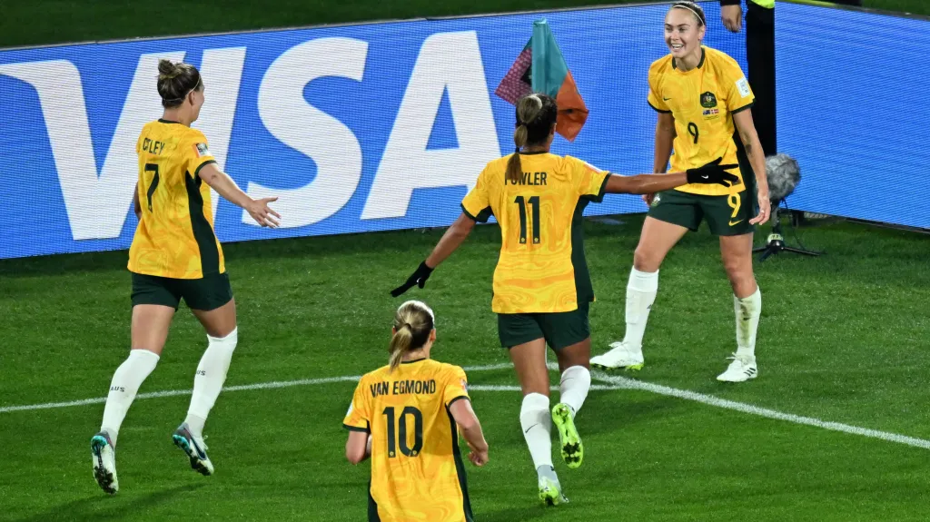 Fotbalistky Austrálie se radují z gólu na mistrovství světa