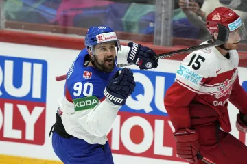 Tomáš Tatar se raduje z gólu Slovenska v síti Dánska