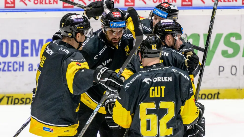 Hokejisté Litvínova oslavují gól