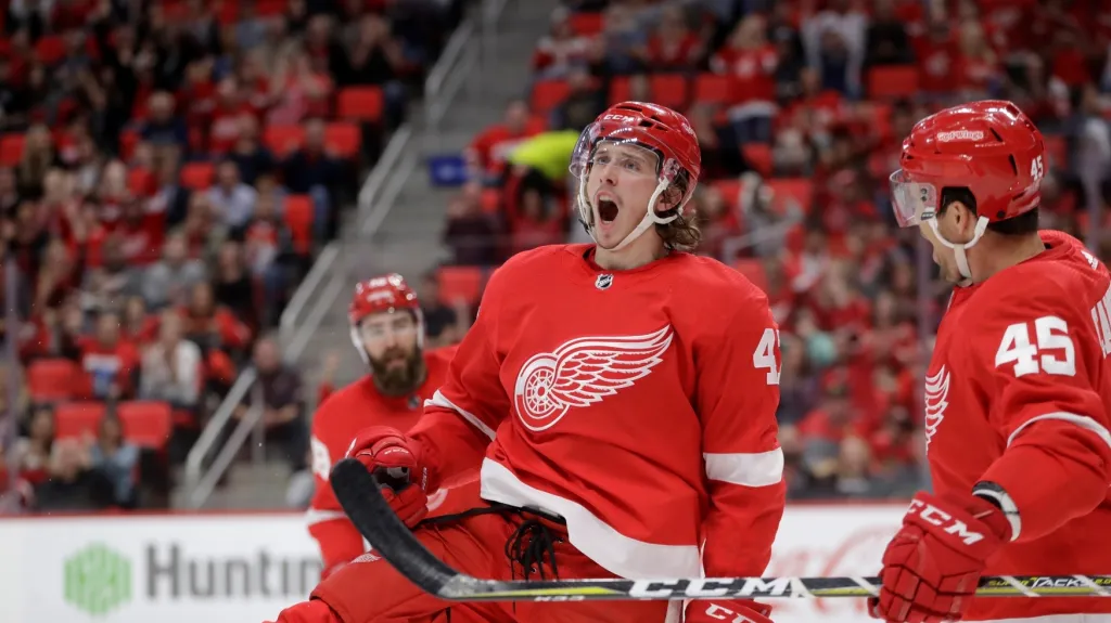 Libor Šulák se raduje z gólu v dresu Detroitu