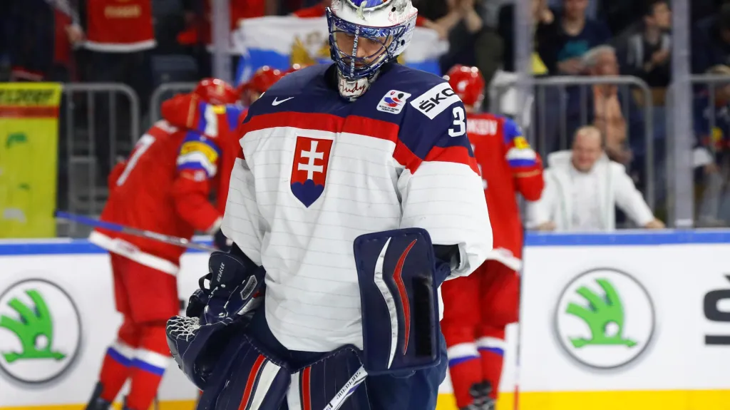 Zklamaný slovenský brankář Július Hudáček v zápase proti Rusku