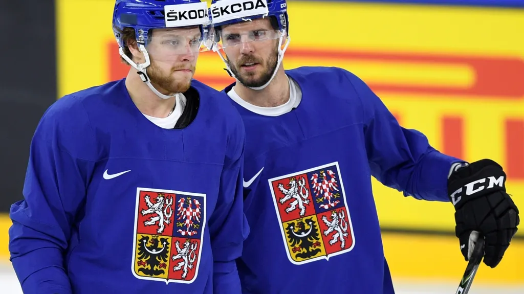 David Pastrňák (vlevo) a David Krejčí na tréninku reprezentace