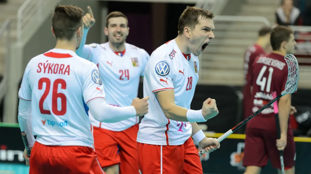 Čeští florbalisté v utkání s Lotyšskem