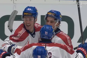 Čeští hokejisté se radují po gólu ve finské brance