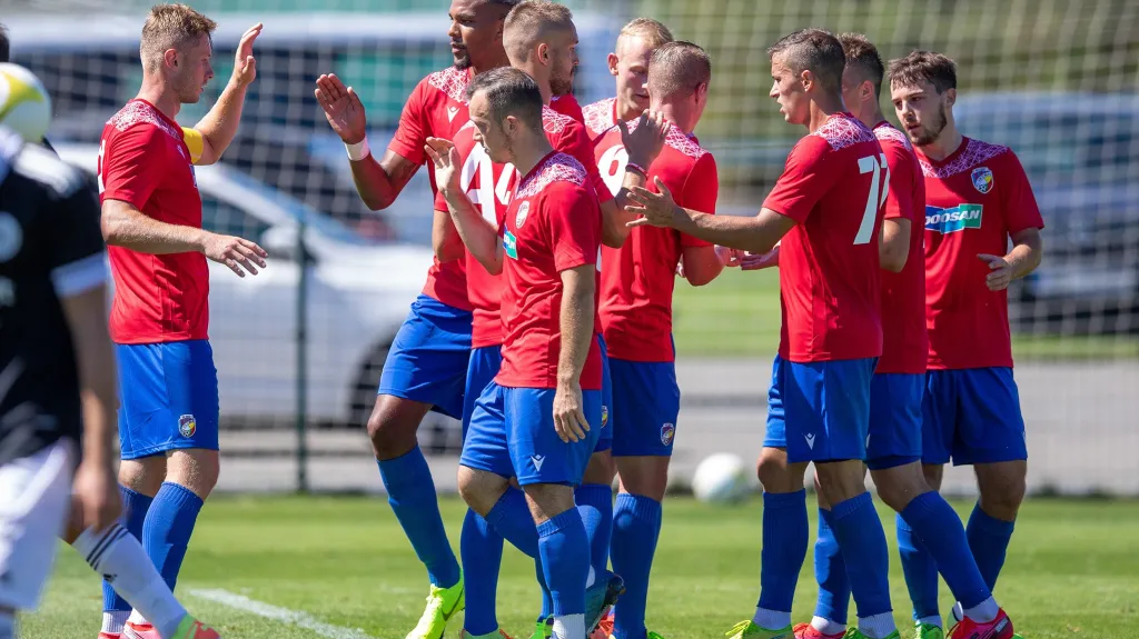 Fotbalisté Plzně po gólu během přípravy