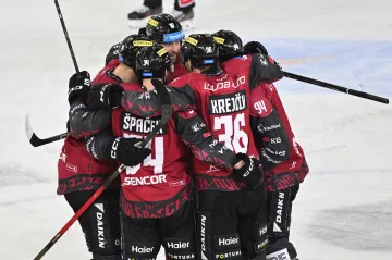 Krejčík se raduje se spoluhráči po gólu, po zápase se ale radovala Plzeň