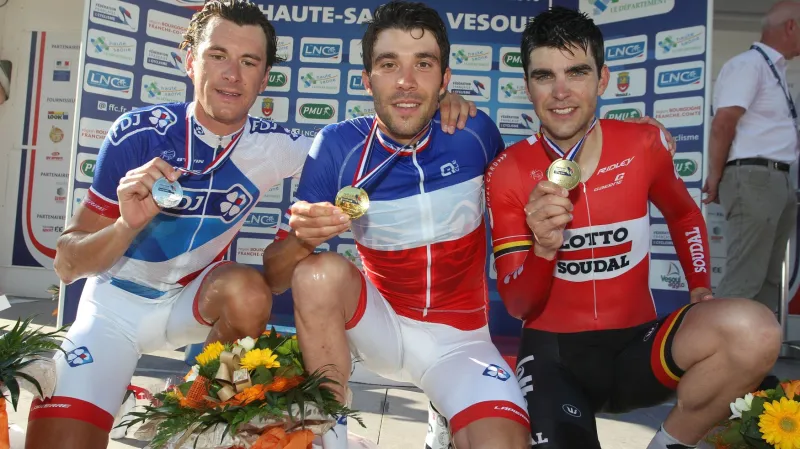 Časovkářské mistrovství Francie: zleva Roux, Pinot a Gallopin