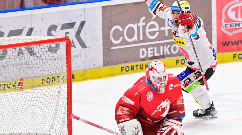 Lukáš Sedlák slaví gól v síti Ondřeje Kacetla