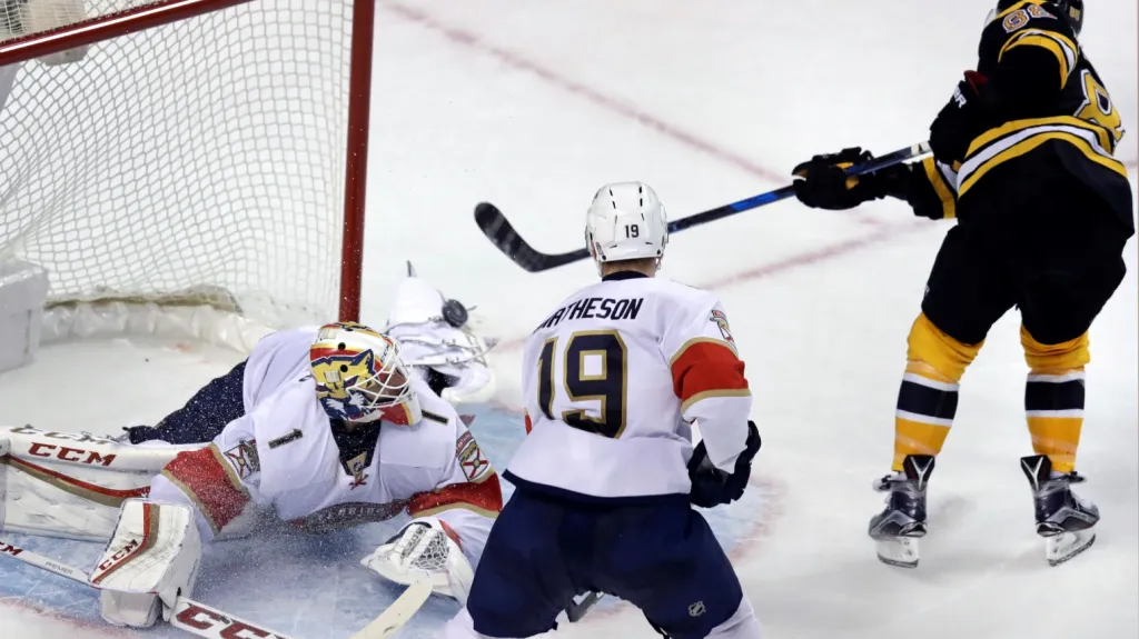 David Pastrňák z Bostonu střílí gól do sítě Floridy