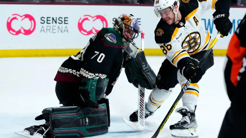 David Pastrňák z Bostonu střílí gól Karlovi Vejmelkovi z Arizony