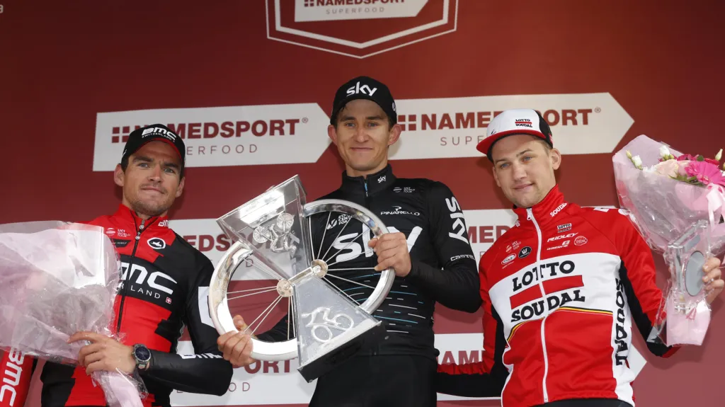 Vítězné pódium závodu Strade Bianche (Van Avermaet-Kwiatkowski-Wellens)