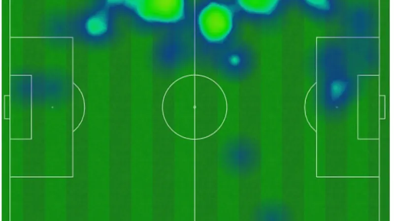 Heatmapa doteků s míčem Ivana Perišiče