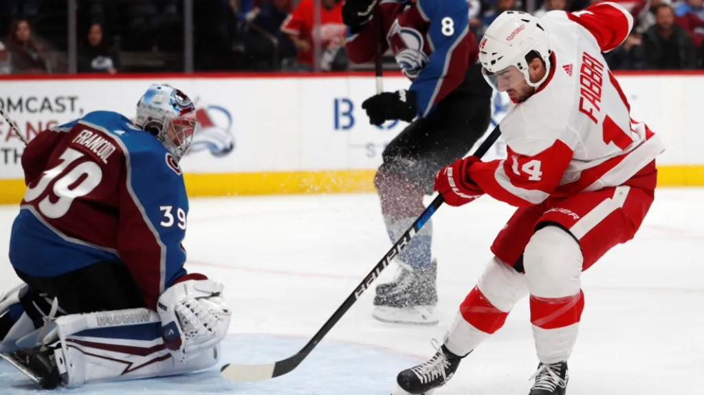 Pavel Francouz v brance Colorada v utkání proti Detroitu