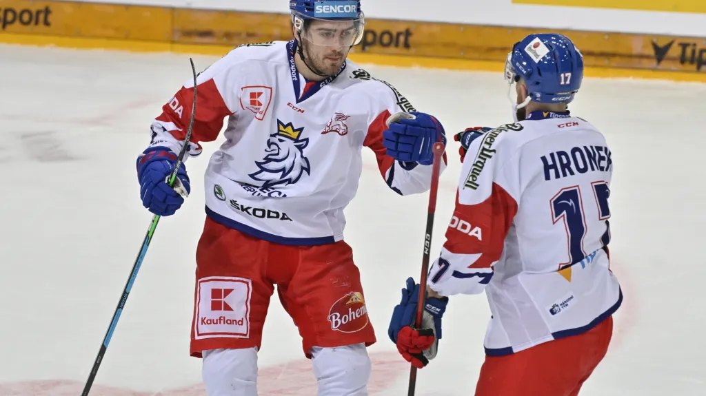 Filip Zadina slaví gól s parťákem Filipem Hronkem