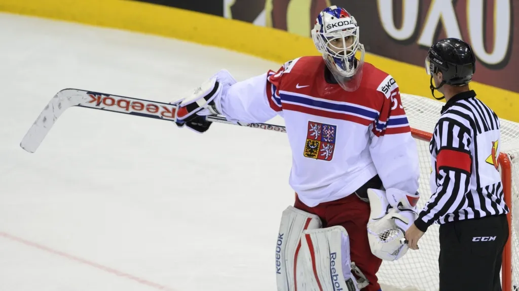 Alexander Salák diskutuje v zápase proti Dánsku s rozhodčím