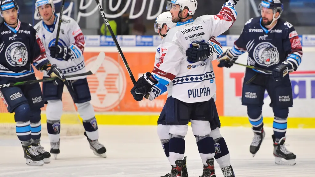 Hokejisté Plzně se radují z gólu v síti Liberce