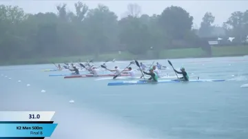 Finále B deblkajakářů na MS na 500 metrů se Špicarem a Havlem