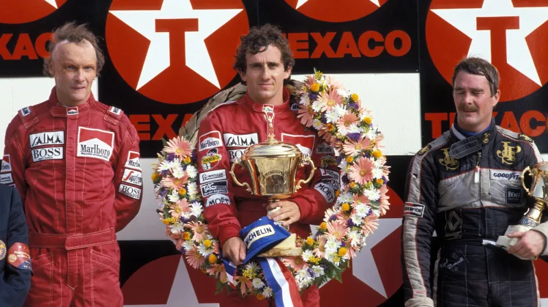 Niki Lauda, Alain Prost a Nigel Mansell na pódiu VC Nizozemska 1984
