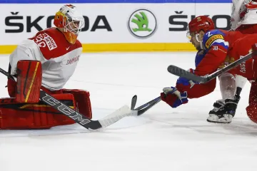 Brankář Georg Sörenson v utkání s Ruskem