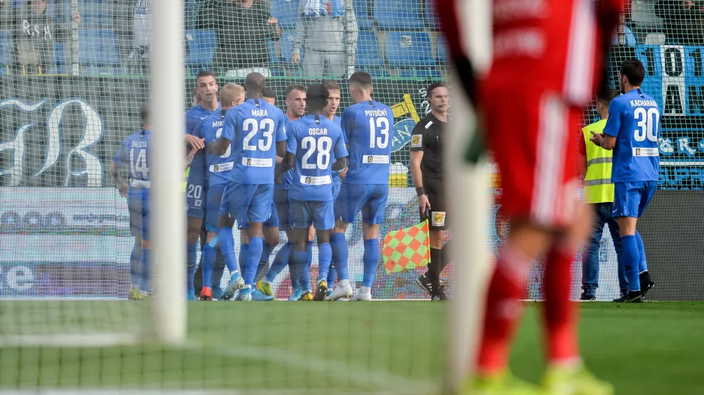 Fotbalisté Liberce se radují z gólu v Mladé Boleslavi