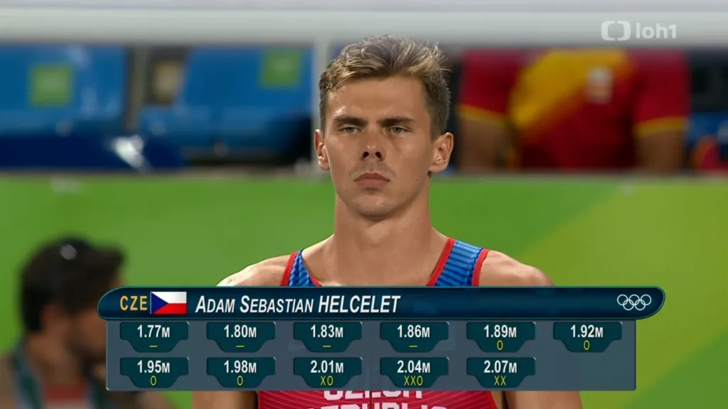 Poslední neúspěšný pokus na výšce 2,07 m Adama Sebastiana Helceleta
