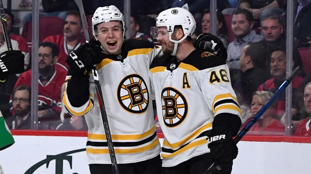David Krejčí z Bostonu (vpravo) slaví se spoluhráčem gól 