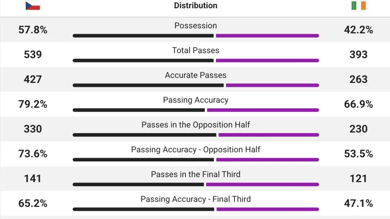 Držení míče a distribuce přihrávek v utkání Česko – Irsko