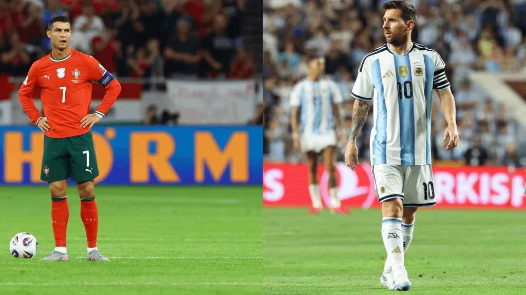 Cristiano Ronaldo a Lionel Messi v národních dresech