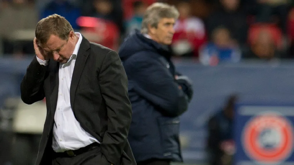 Plzeňský trenér Pavel Vrba (vlevo) a trenér týmu Manchester City Manuel Pellegrini