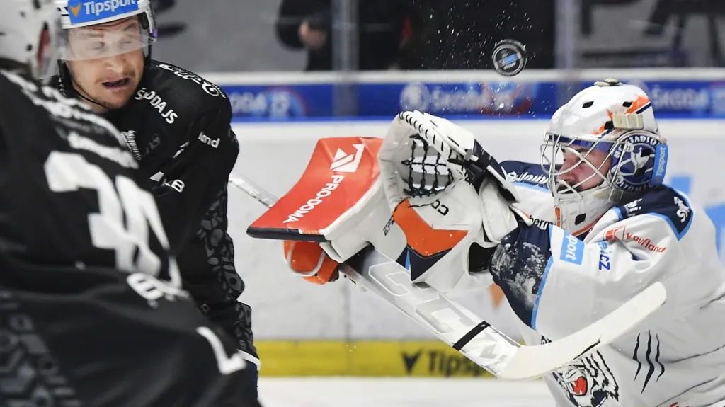 Liberecký brankář Lukáš Pařík při zákroku v Plzni