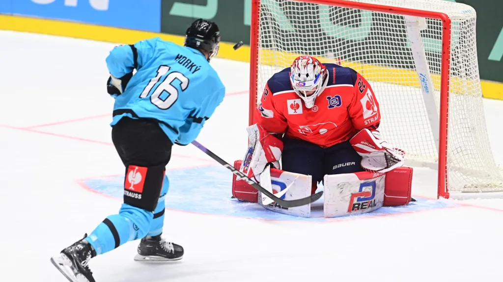 Brankář Pardubic Roman Will čelí šanci Luboše Horkého z Pelicans Lahti