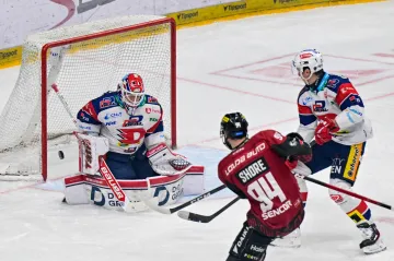 Brankář Pardubic Roman Will čelí šanci Sparty