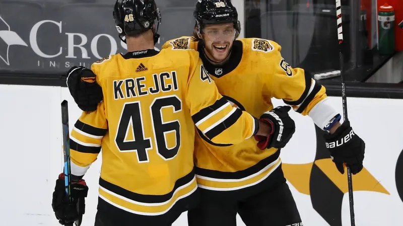 David Pastrňák se raduje z branky s Davidem Krejčím