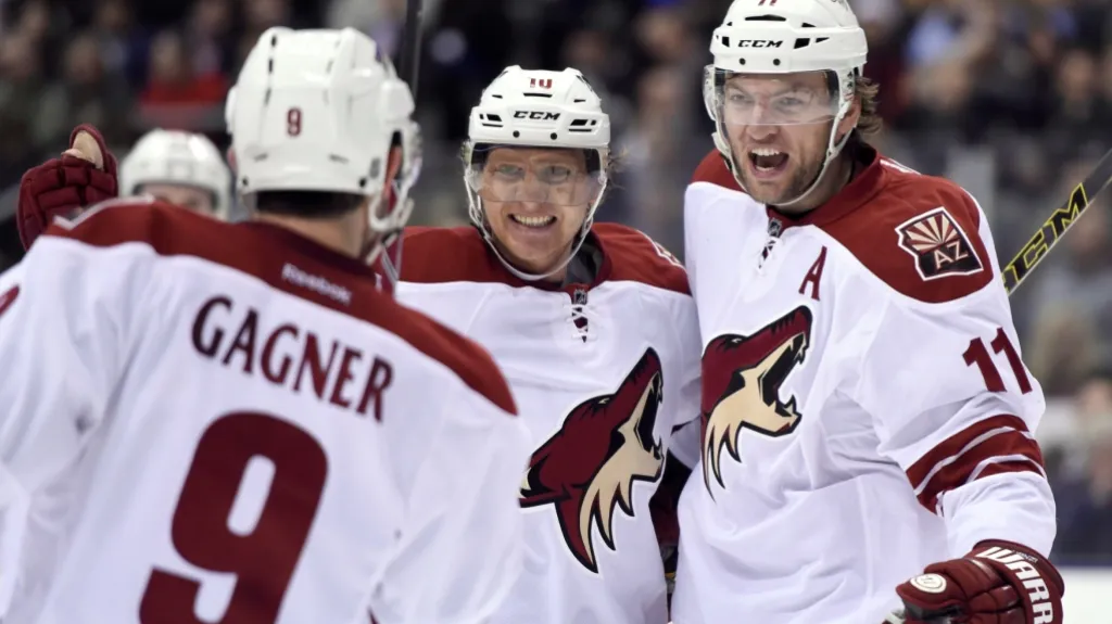 Martin Hanzal (vpravo) se raduje se spoluhráči po gólu Arizony