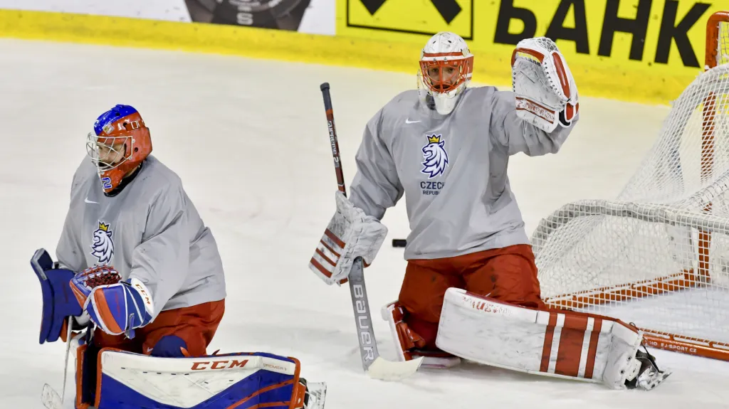 Reprezentační parťáci, brankáři Patrik Bartošák a za ním Šimon Hrubec