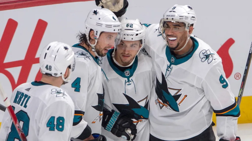 Tomáš Hertl se raduje se spoluhráči