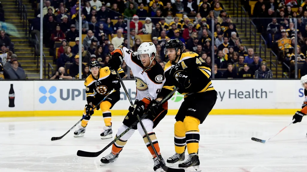 David Krejčí z Bostonu (vpravo) v utkání proti Anaheimu